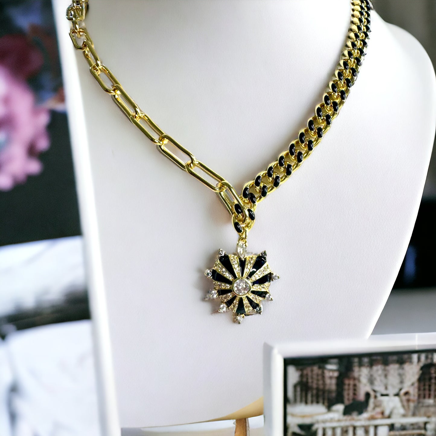 Cadena Tejido Cubano esmaltado y paper click - corazon esmaltado