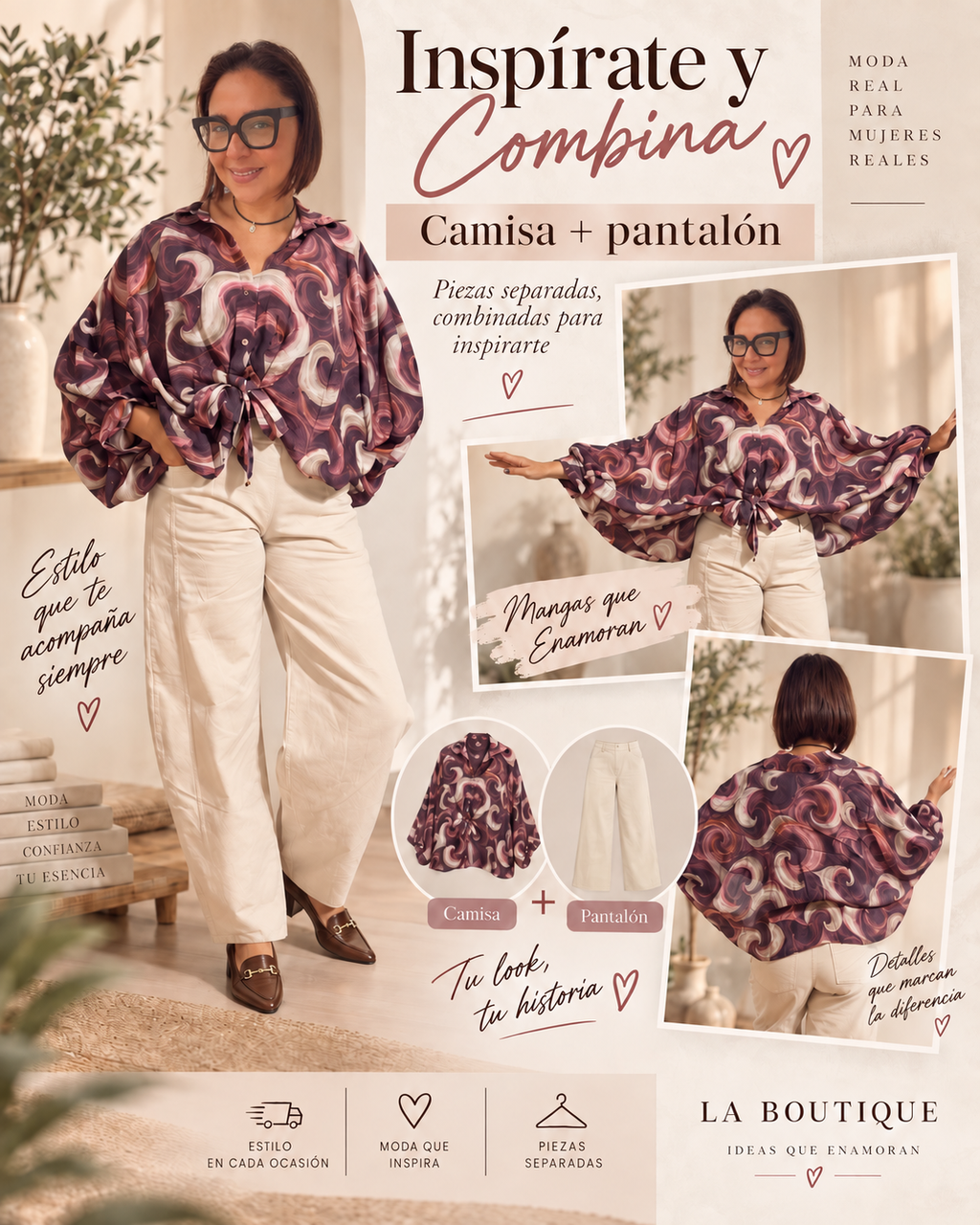 Camisa Estampada de Mangas Amplias con Lazo Frontal – Talla Única