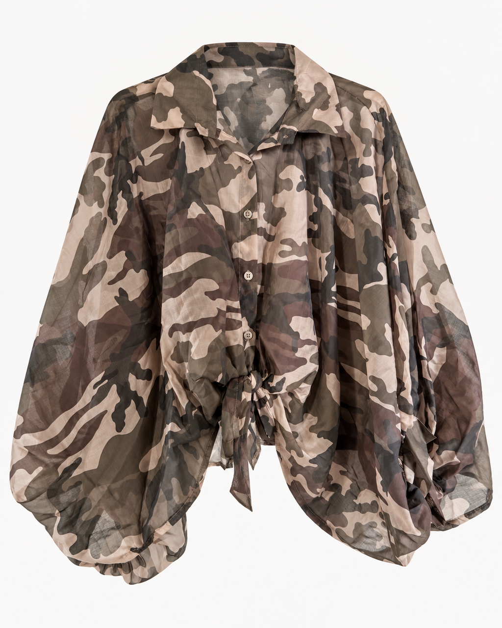 Camisa Estampada de Mangas Amplias con Lazo Frontal – Talla Única