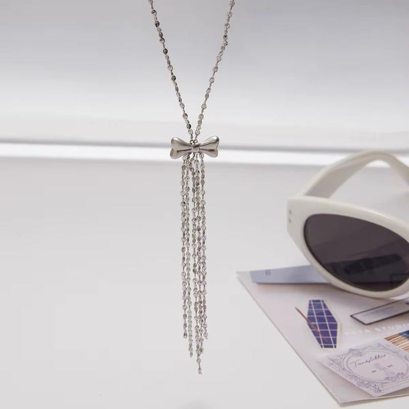 Collar Silver Bow Lariat Necklace
